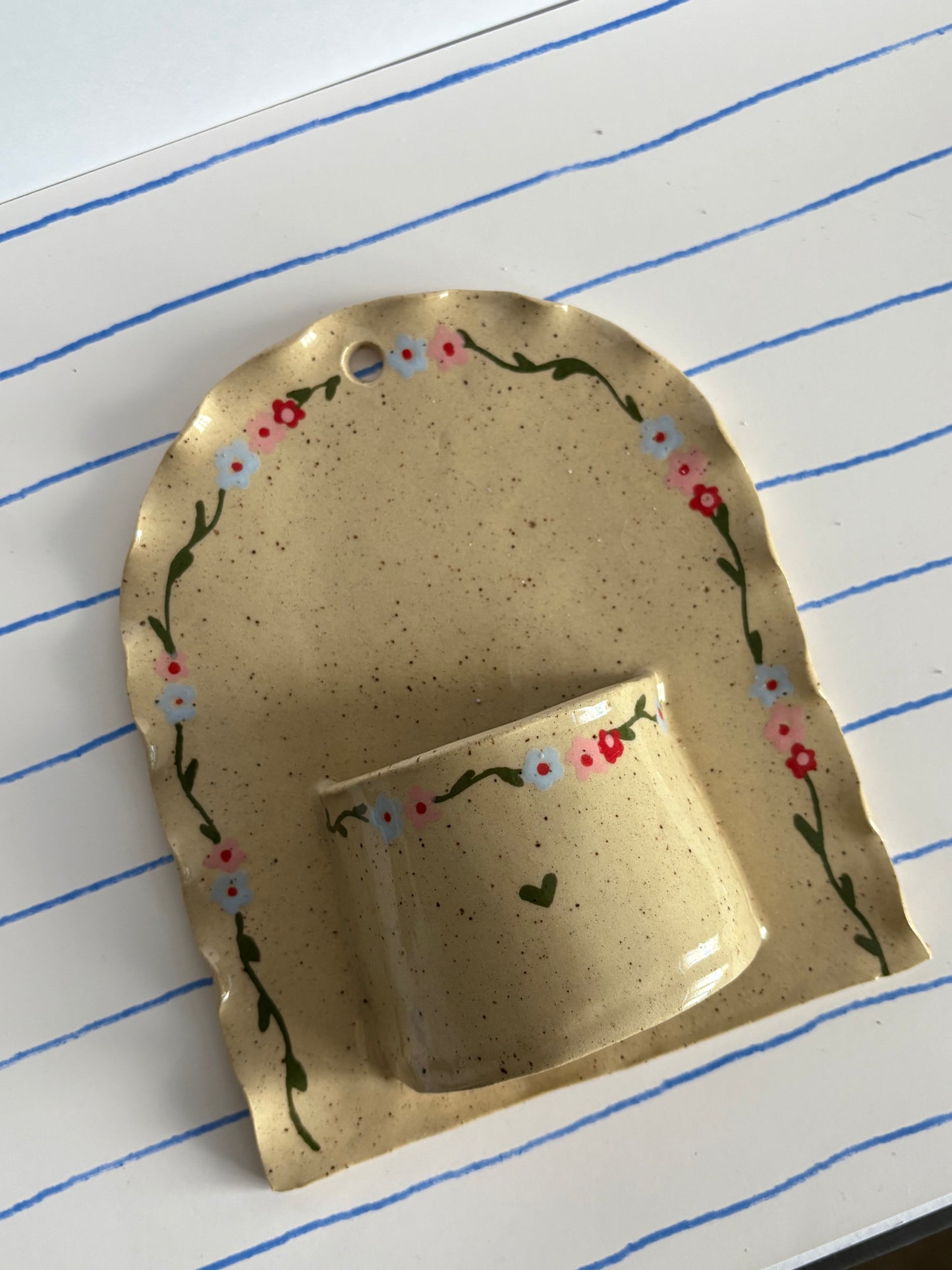 Speckled Pink, Blue, & Red Floral Ceramic Wall Vase