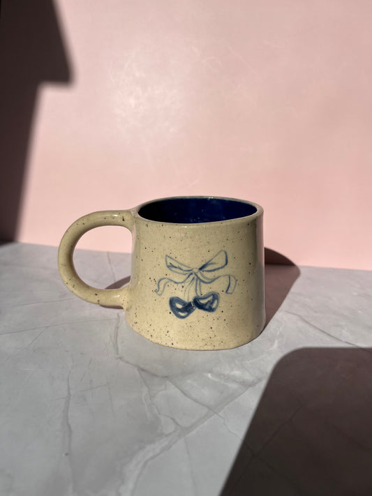 Blue Cherry and Bow Ceramic Mug