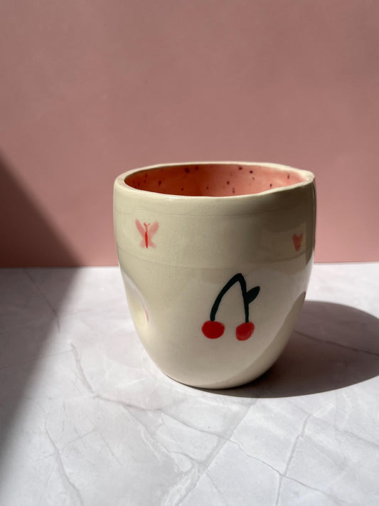 Cherries and Butterflies Handmade Ceramic Thumb Tumbler Cup