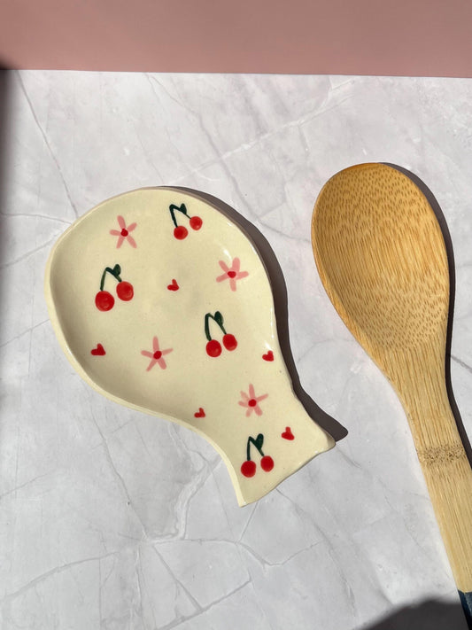 Handmade Ceramic Cherries and Flowers Spoon Rest
